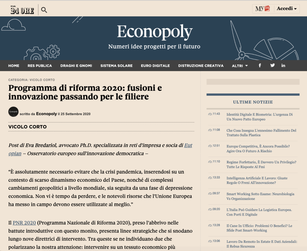 Foto anteprima dell'articolo "Programma di riforma 2020: fusioni e innovazione passando per le filiere" scritto dall'Avvocato Eva Bredariol, PhD